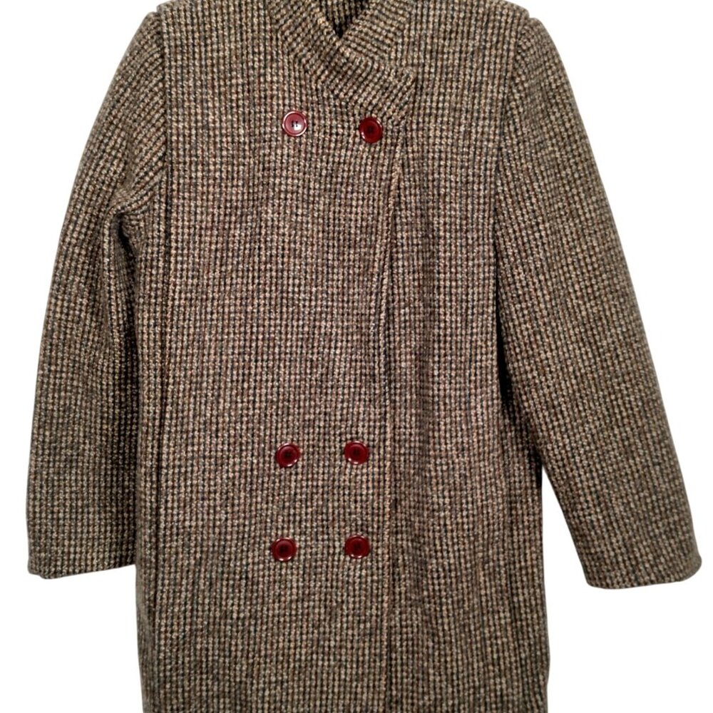 Vintage ILGWU Coat Women Woven Woolen Tweed Double Breasted Classic Brown Jacket
